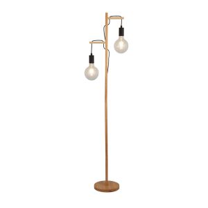 Woody 2 Light E27 Floor Lamp Wood And Black Metal