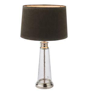 Winslet 1 Light E27 Clear Hammered Column With Bright Nickel Table Lamp C/W Grey Velvert Shade With Inline Switch