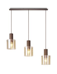 Blok Linear Pendant, 3 Light Adjustable E27, Mocha/Amber Glass