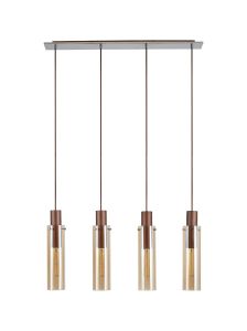 Blokus Linear Pendant, 4 Light Adjustable E27, Mocha / Amber Glass