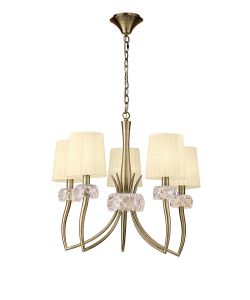 Loewe Pendant 5 Light E14, Antique Brass With Ccrain Shades