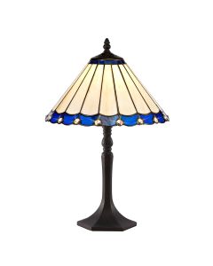 Sonoma 1 Light Octagonal Table Lamp E27 With 30cm Tiffany Shade, Blue/Ccrain/Crystal/Aged Antique Brass
