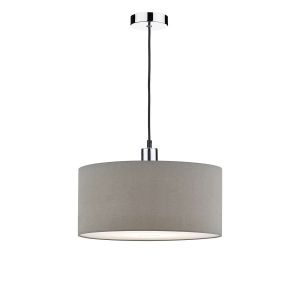 Tonga 1 Light E27 Chrome & Black Adjustable Pendant C/W Slate Grey Faux Silk 40cm Drum Shade With Soft White Acrylic Diffuser