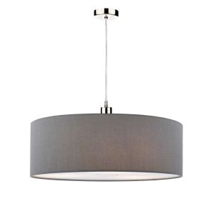 Tonga 1 Light E27 Satin Chrome Adjustable Pendant C/W Slate Grey Faux Silk 60cm Drum Shade With Soft White Acrylic Diffuser