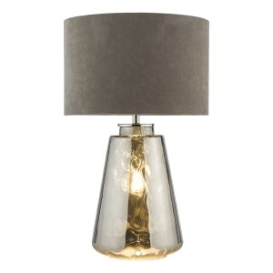 Wycliffe 2 Light E27 Smoked Glass Table Lamp Base With Inline Switch C/W Grey Velvet 31cm Drum Shade