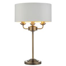 Highclere 3 Light E14 Antique Brass Table Lamp C/W Vintage White Fabric Shade With Gold Metallic Inner