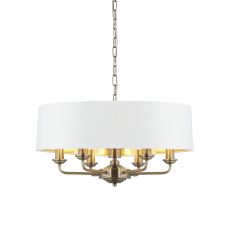 Highclere 6 Light E14 Antique Brass Ceiling Pendant C/W Vintage White Fabric Shade With Gold Metallic Inner