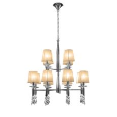 Tiffany 85cm Pendant 2 Tier 12+12 Light E14+G9, Polished Chrome With Soft Bronze Shades & Clear Crystal