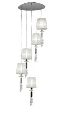 Tiffany 60cm Pendant 5+5 Light E27+G9 Spiral, Polished Chrome With White Shades & Clear Crystal