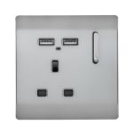 Trendi, Artistic Modern 1 Gang 13Amp Switched Socket WIth 2 x USB Ports Brushed Steel Finish, BRITISH MADE, (35mm Back Box Required), 5yrs Warranty