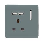 Trendi, Artistic Modern 1 Gang 13Amp Switched Socket WIth 2 x USB Ports Cool Grey Finish, BRITISH MADE, (35mm Back Box Required), 5yrs Warranty