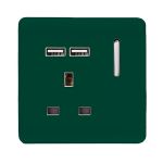 Trendi, Artistic Modern 1 Gang 13Amp Switched Socket WIth 2 x USB Ports Dark Green Finish, BRITISH MADE, (35mm Back Box Required), 5yrs Warranty