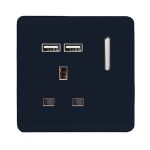 Trendi, Artistic Modern 1 Gang 13Amp Switched Socket WIth 2 x USB Ports Navy Blue Finish, BRITISH MADE, (35mm Back Box Required), 5yrs Warranty
