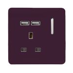 Trendi, Artistic Modern 1 Gang 13Amp Switched Socket WIth 2 x USB Ports Plum Finish, BRITISH MADE, (35mm Back Box Required), 5yrs Warranty