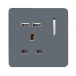 Trendi, Artistic Modern 1 Gang 13Amp Switched Socket WIth 2 x USB Ports Warm Grey Finish, BRITISH MADE, (35mm Back Box Required), 5yrs Warranty