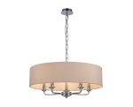 Banyan 5 Light Multi Arm Pendant, With 1.5m Chain, E14 Polished Chrome With 60cm x 15cm Dual Faux Silk Shade, Nude Beige/Moonlight
