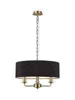 Banyan 3 Light Multi Arm Pendant, With 1.5m Chain, E14 Antique Brass With 45cm x 15cm Faux Silk Shade, Black