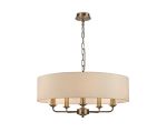 Banyan 5 Light Multi Arm Pendant, With 1.5m Chain, E14 Antique Brass With 60cm x 15cm Faux Silk Shade, Ivory Pearl/White Laminate