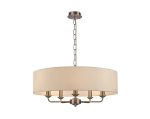 Banyan 5 Light Multi Arm Pendant, With 1.5m Chain, E14 Satin Nickel With 60cm x 15cm Faux Silk Shade, Ivory Pearl/White Laminate