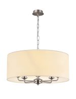 Banyan 5 Light Multi Arm Pendant, With 1.5m Chain, E14 Satin Nickel With 60cm x 22cm Faux Silk Shade, Ivory Pearl/White Laminate