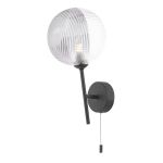 Cohen 1 Light G9 Matt Black Wall Light With Pull Switch C/W 15cm Smoked & Clear Ribbed Glass Shade