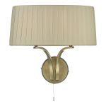Cristin 2 Light E14 Antique Brass Wall Light With Pull Cord Switch C/W Taupe Faux Silk Ribbon Shade