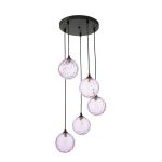 Federico 5 Light G9 Black Adjustable Cluster Pendant C/W Pink Dimpled Glass Shades