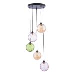 Federico 5 Light G9 Black Adjustable Cluster Pendant C/W A Mix Of Pink, Amber & Green Dimpled Glass Shades