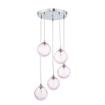 Federico 5 Light G9 Polished Chrome Adjustable Cluster Pendant C/W Pink Dimpled Glass Shades