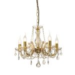 Gabrielle 48cm Chandelier With Glass Sconce & Glass Crystal Droplets 5 Light E14 Polished Brass Finish