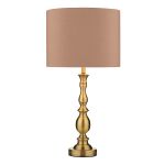 Madrid 1 Light E27 Antique Brass Traditonally Styled Table Lamp With Inline Switch C/W Taupe Faux Silk Drum Shade