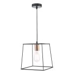 Tower 1 Light E27 Matt Black With Copper Adjustable Wire Frame Box Pendant