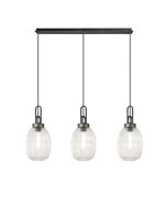 Vista Linear 3 Light Pendant With 20cm Almond Ribbed Glass, Aged Pewter/Matt Black Clear