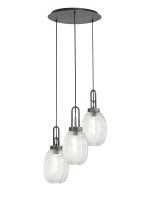 Vista Round 3 Light Pendant With 20cm Almond Ribbed Glass, Aged Pewter/Matt Black Clear
