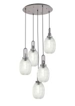 Vista Round 5 Light Pendant With 20cm Almond Ribbed Glass, Aged Pewter/Matt Black Clear