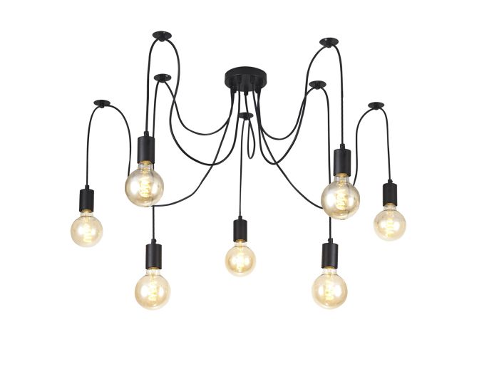 Dreifa 2m Pendant 7 Light Black Black Cable E27 Max 20W c w Distribution Box Cable Support Brackets