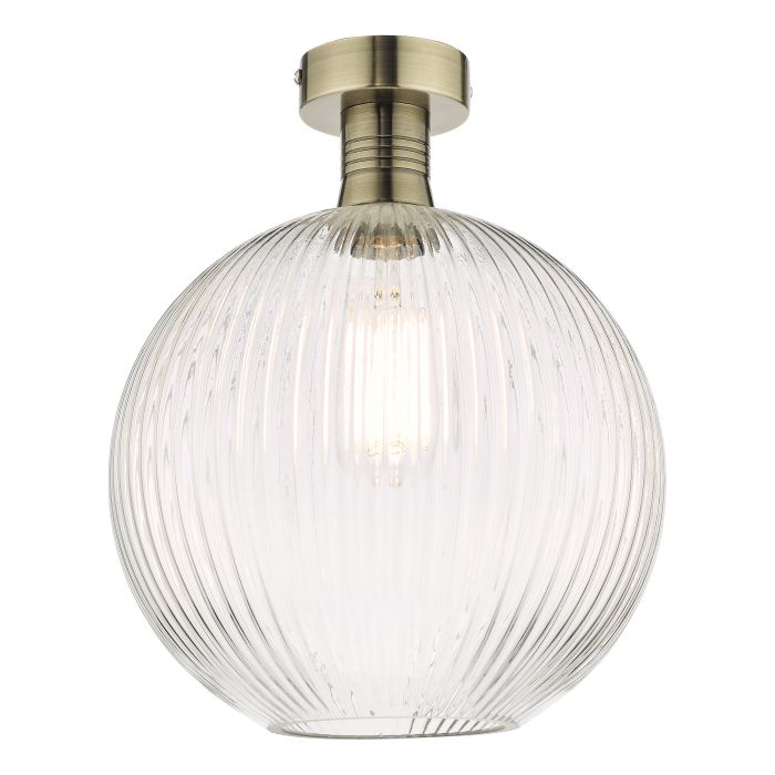 Emerson 1 Light E27 Antique Brass Semi Flush Ceiling Fitting With Round Clear Ribbed Glass Shade