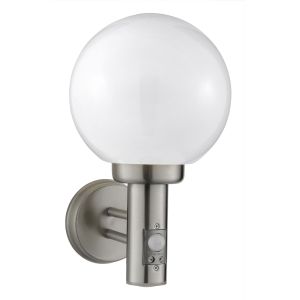 Orb Lantern 1 Light PIR Outdoor Wall Bracket, Stainless Steel, White Shade