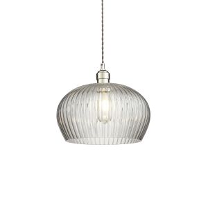 Vigo 1 Light E27 Polished Nickel Medium Adjustable Pendant With Clear Ribbed Hand Blown Glass Shade