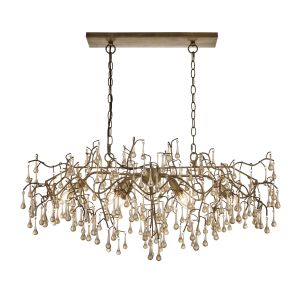 Munari 6 Light E14 Aged Gold Branch Adjustable Linear Chandelier With Champagne Lustre Glass Teardrops