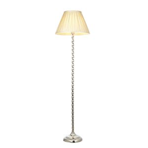 Suki 1 Light E27 Polished Nickel Floor Lamp With Twisted Stem With In-Line Foot Switch C/W Chatsworth 16" Ivory Silk Tapered Single Pinch Fabric Shade