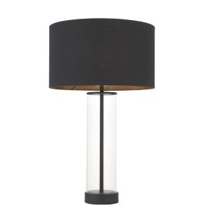 Lessina 1 Light E27 Matt Black Touch Table Lamp With Clear Cylindrical Glass Base C/W Black fabric Drum Shade