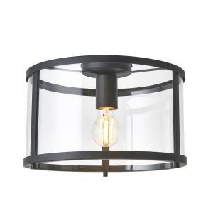 Hopton 1 Light E27 Matt Black Flush Ceiling Light With Clear Glass Shade
