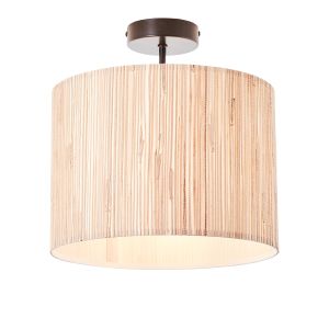 Longshore 1 Light E27 Matt Black Semi-Flush Pendant With Natural Seagrass Drum Shade