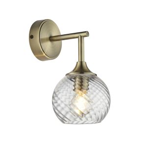 Allegra 1 Light E14 Antique Brass Wall Light With Clear Spiral Patterened Glass Shade