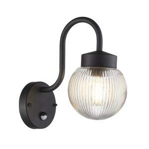 Eldo 1 Light E27 Textured Black IP44 Outdoor Wall Light With Adjsutable PIR With Clear Ribbed Glass Shade