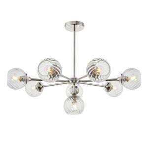 Allegra 8 Light E14 Polished Nickel Adjustable Pendant With Clear Spiral Patterened Glass Shades