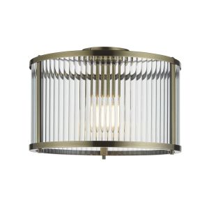 Ridgeton 1 Light E27 Antique Brass Flush Ceiling Light With Clear Ribbed Glass Panel Shade