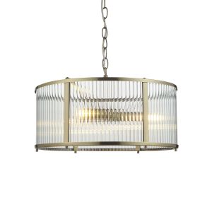 Ridgeton 3 Light E14 Antique Brass Adjustable Pendant Light With Clear Ribbed Glass Panel Shade