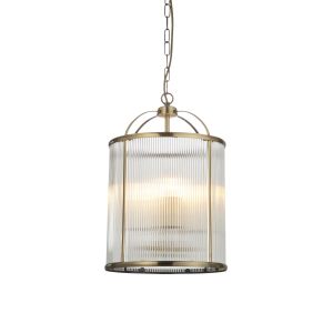 Lambeth 4 Light E27 Antique Brass Adjustable Lantern Pendant With Clear Ribbed Glass Panels